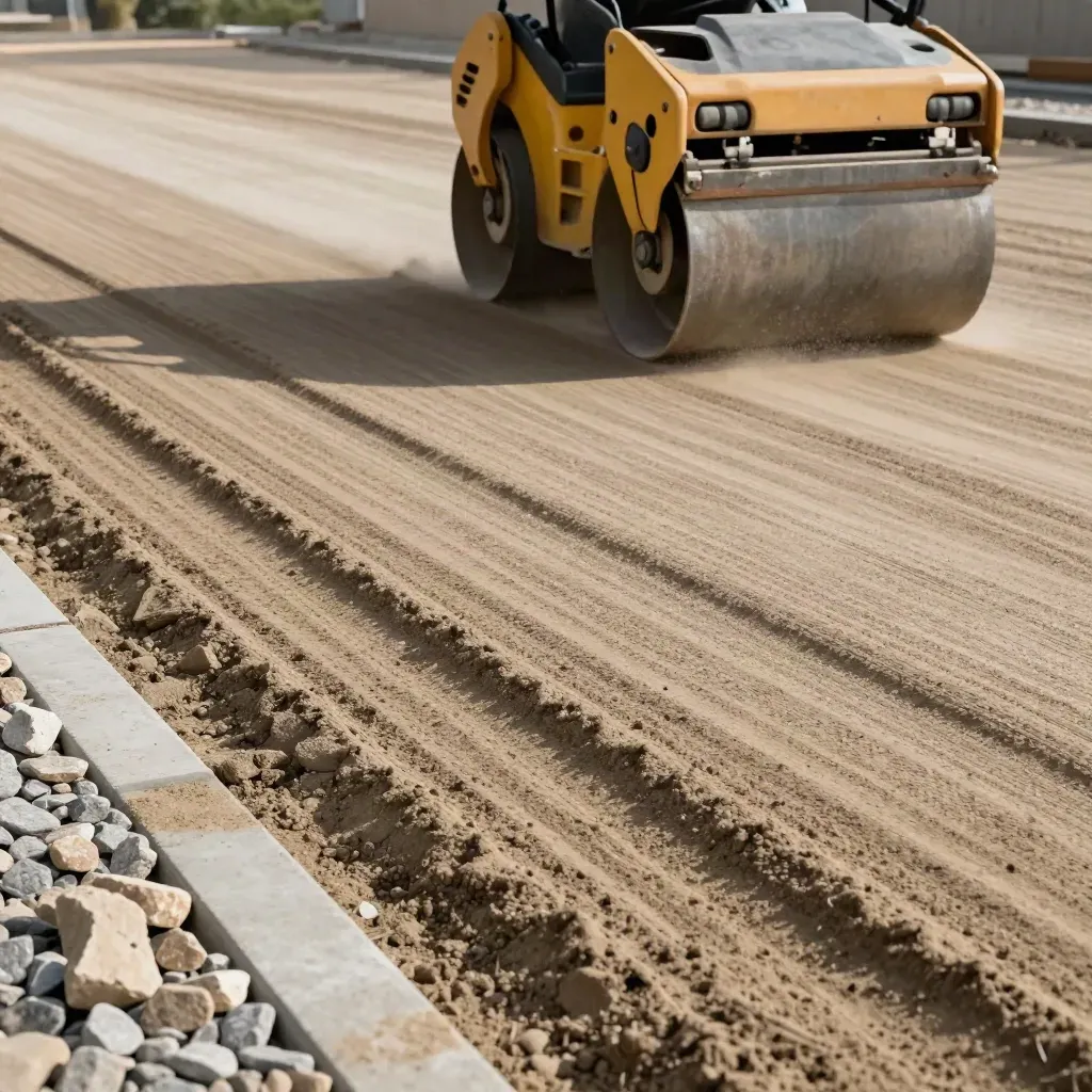 Pad tanah dipadatkan dengan alat pemadat dan garis roller, tepi batu kerikil di tapak