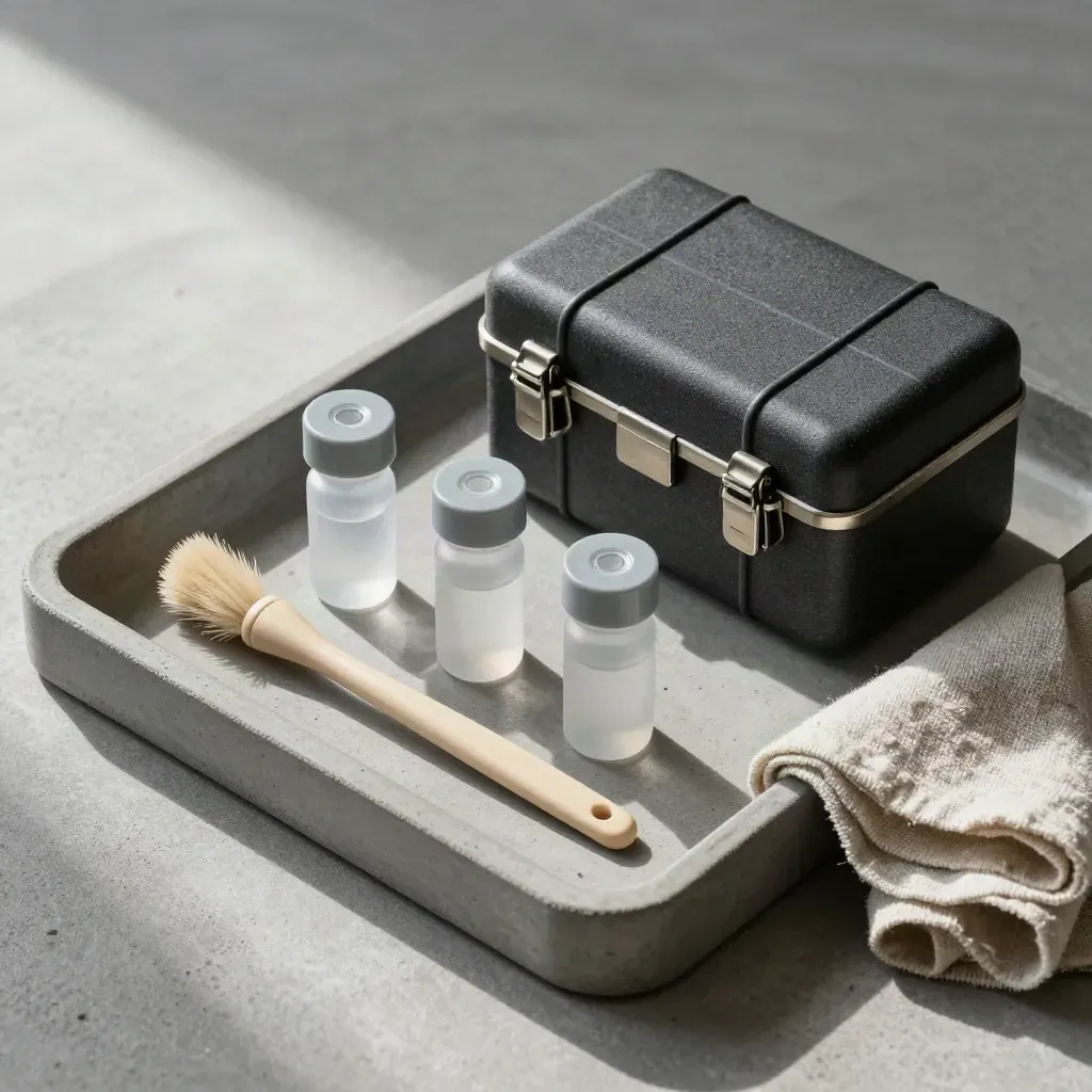 Kit ujian tanah tersusun kemas di atas tray konkrit untuk serahan siap.