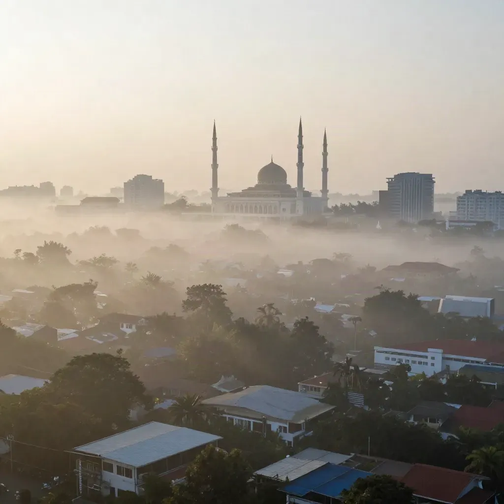 Siluet masjid Shah Alam di ufuk pagi berkabus dengan ruang kosong lembut di bawah.